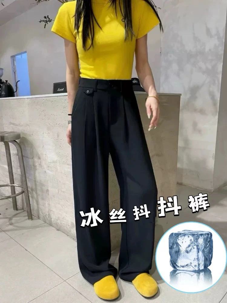 冰凉丝滑可拉长腿部线条高腰直筒裤显瘦又时髦