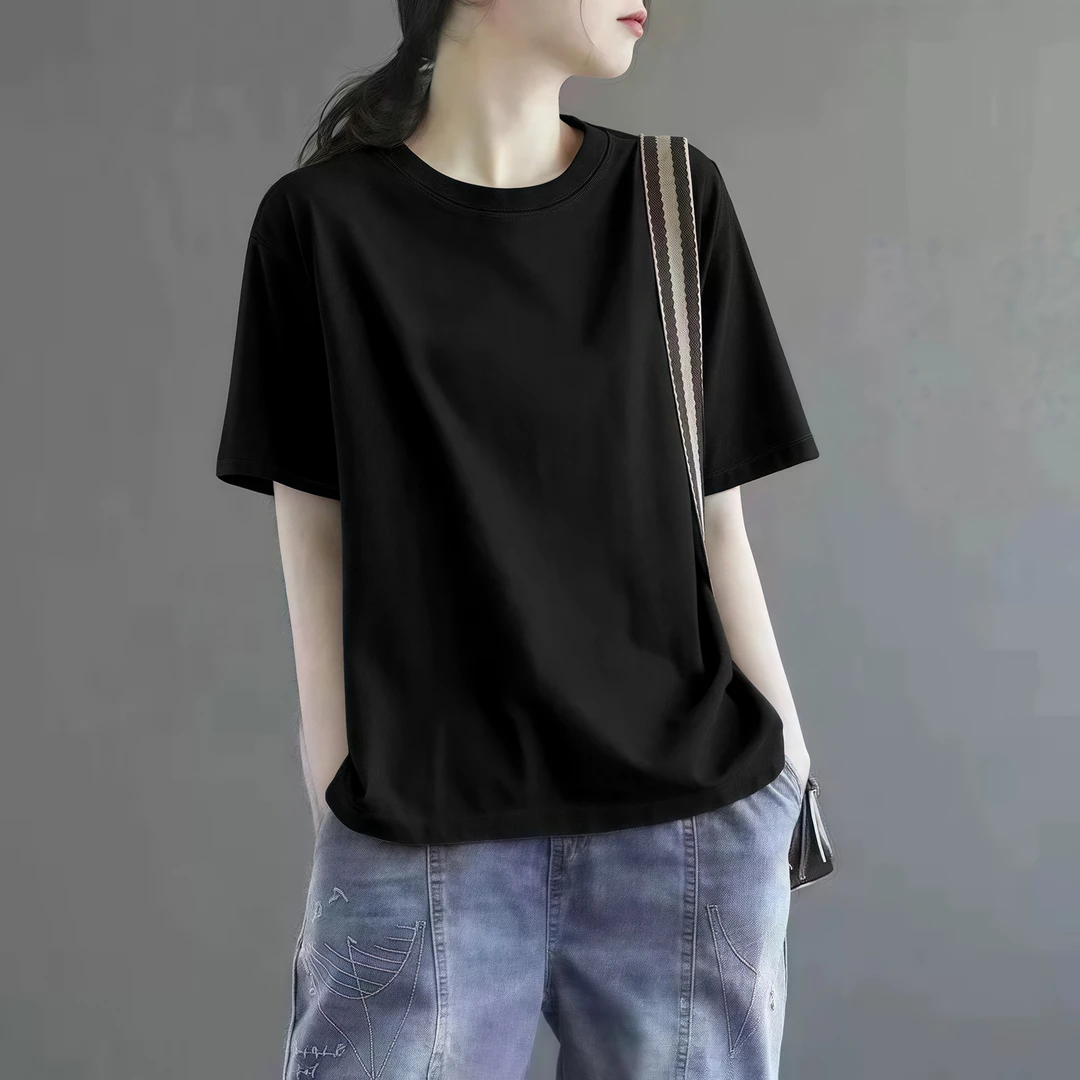 欧货正肩黑色纯棉宽松2025新款短袖t恤女夏季休闲百搭圆领上衣潮