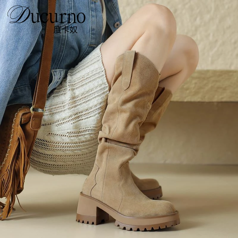 厚底圆头长筒骑士靴女2025秋冬新品复古磨砂高跟粗跟真皮堆堆靴女
