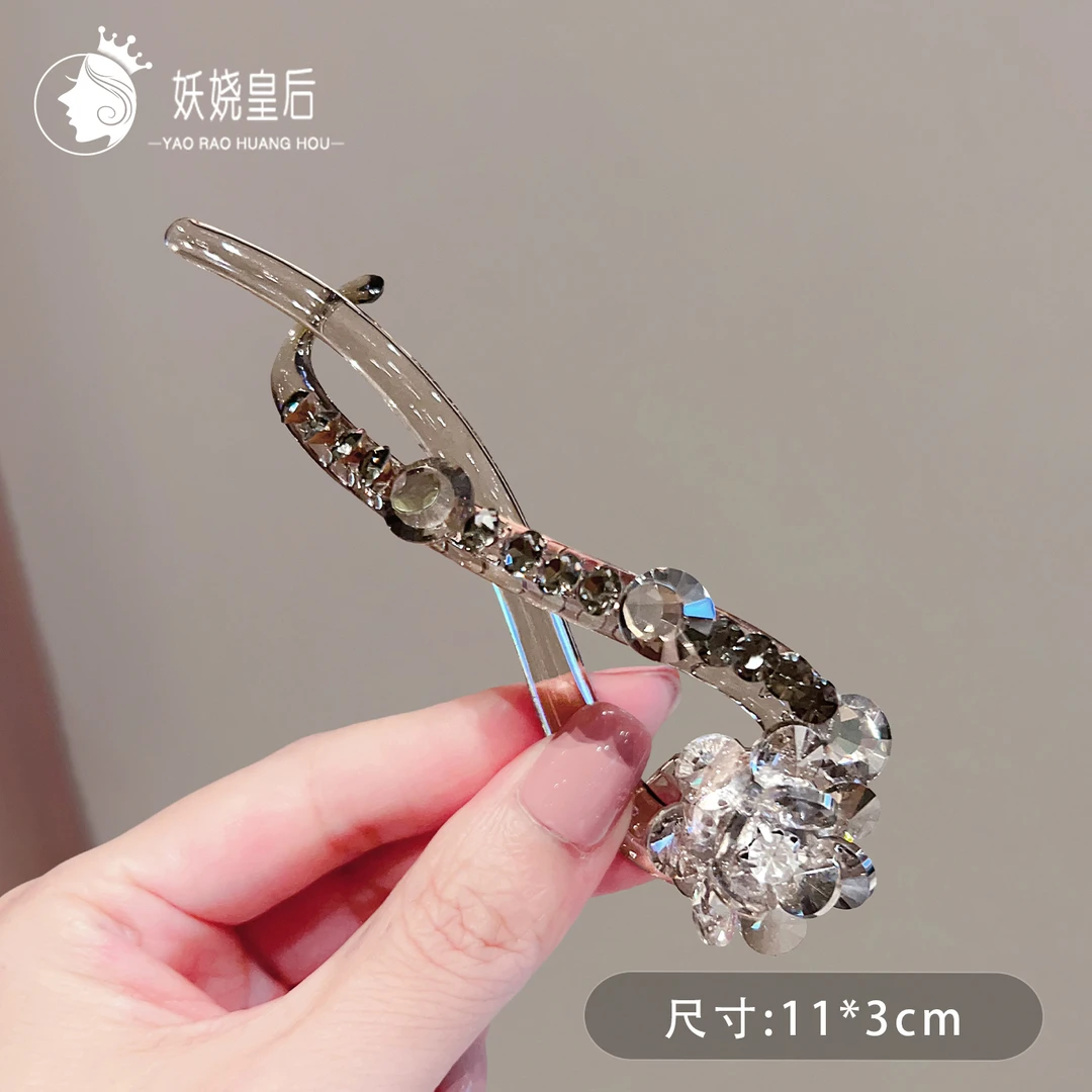 水晶花朵发夹女后脑勺盘发抓夹高级感一字夹发卡时尚竖夹扭扭夹