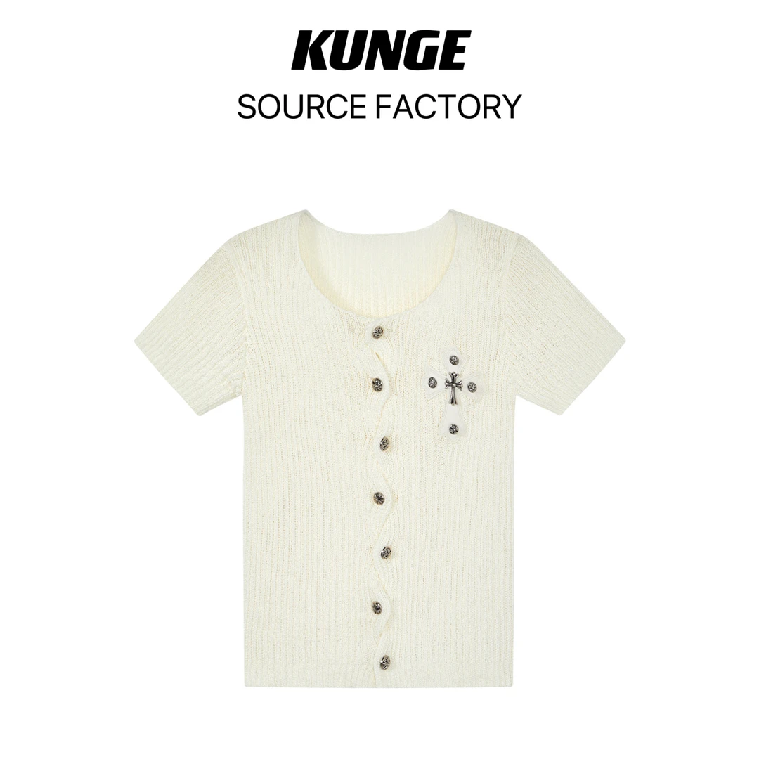 KUNGE-白色十字架针织短袖T桖女法式开衫设计感显瘦上衣女夏-7841