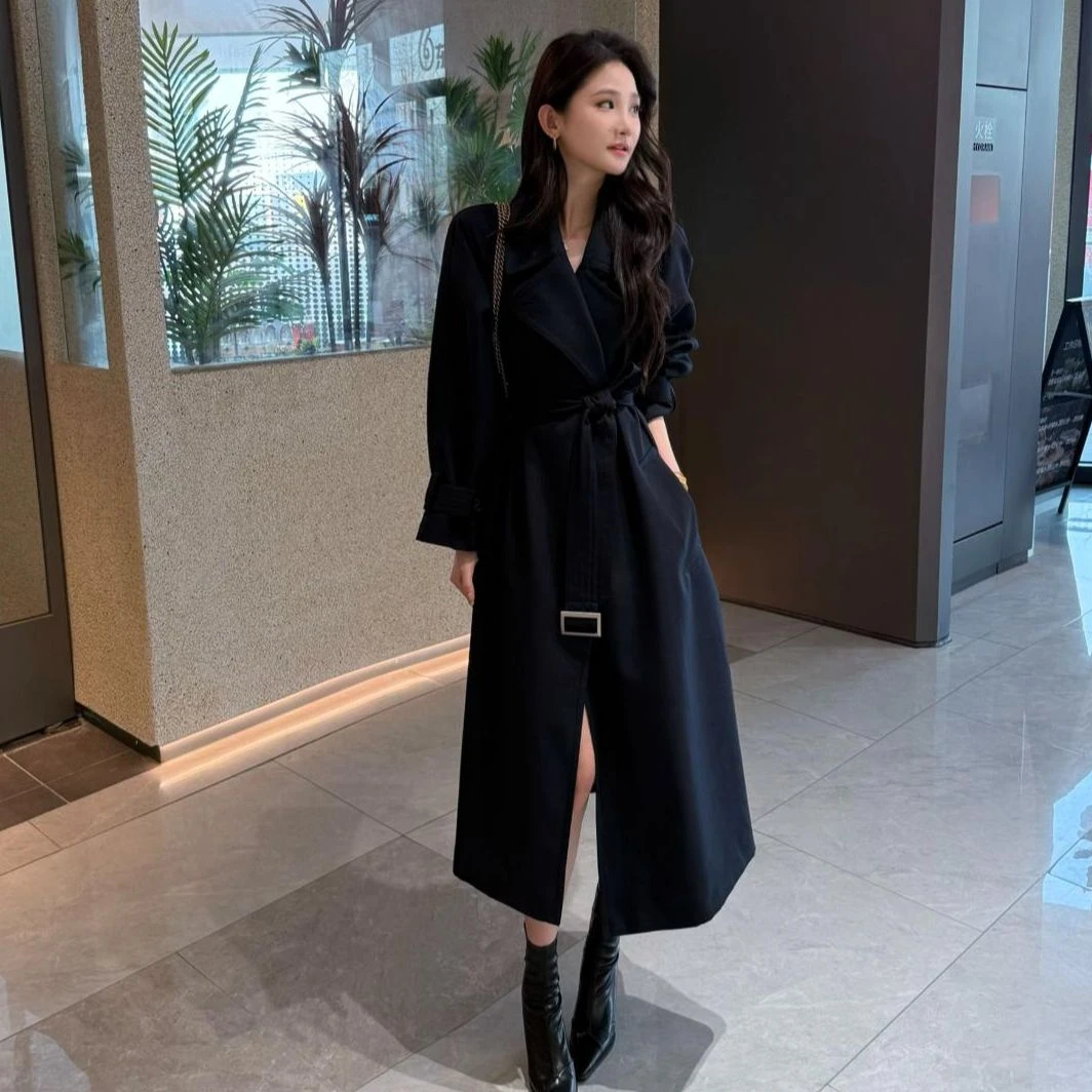 秋季新款复古气质时尚翻领系带小个子风衣中长款外套女