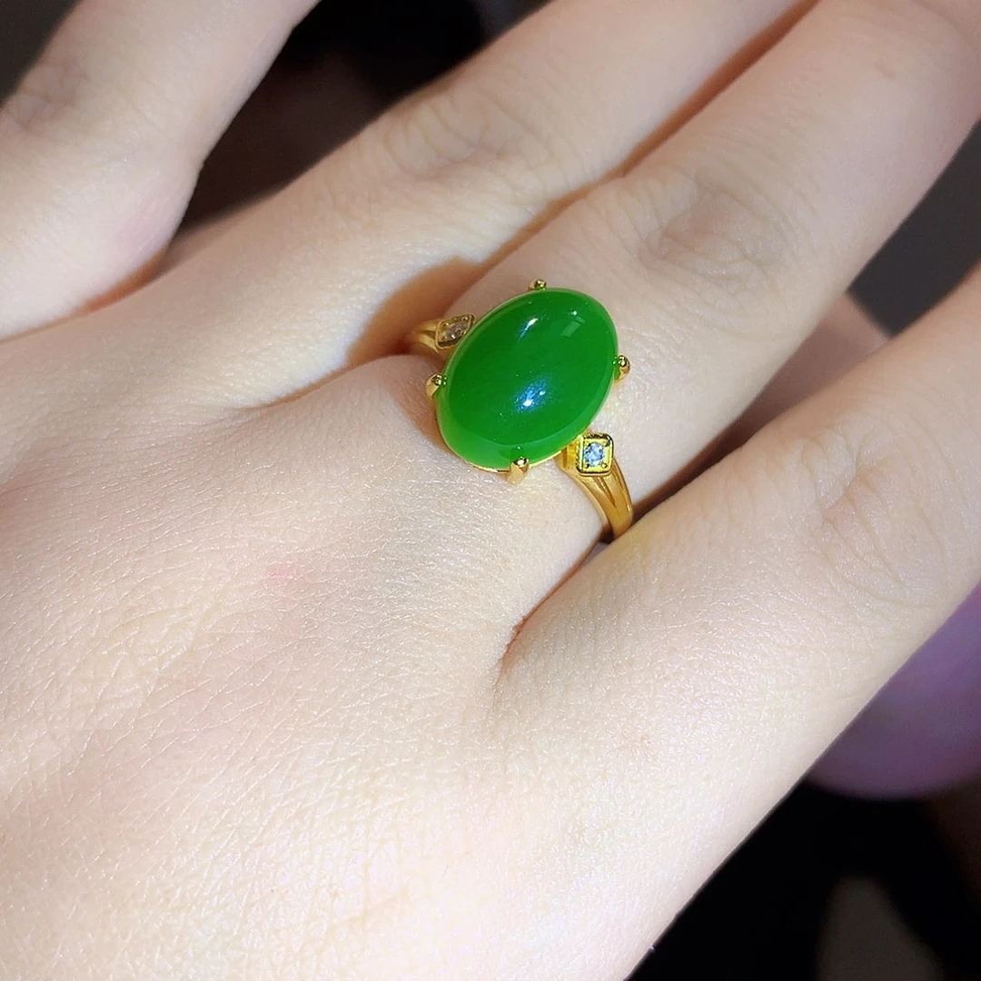 和田玉（碧玉）戒指银S925镀金镶嵌