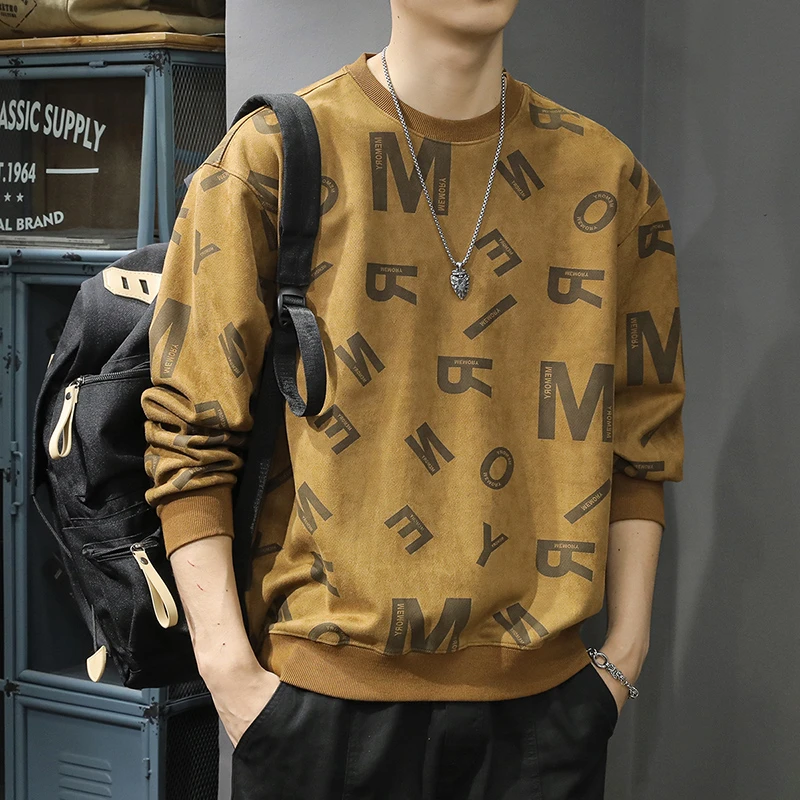 秋季新款男士卫衣复古轻奢潮流印花圆领套头百搭宽松休闲长袖卫衣