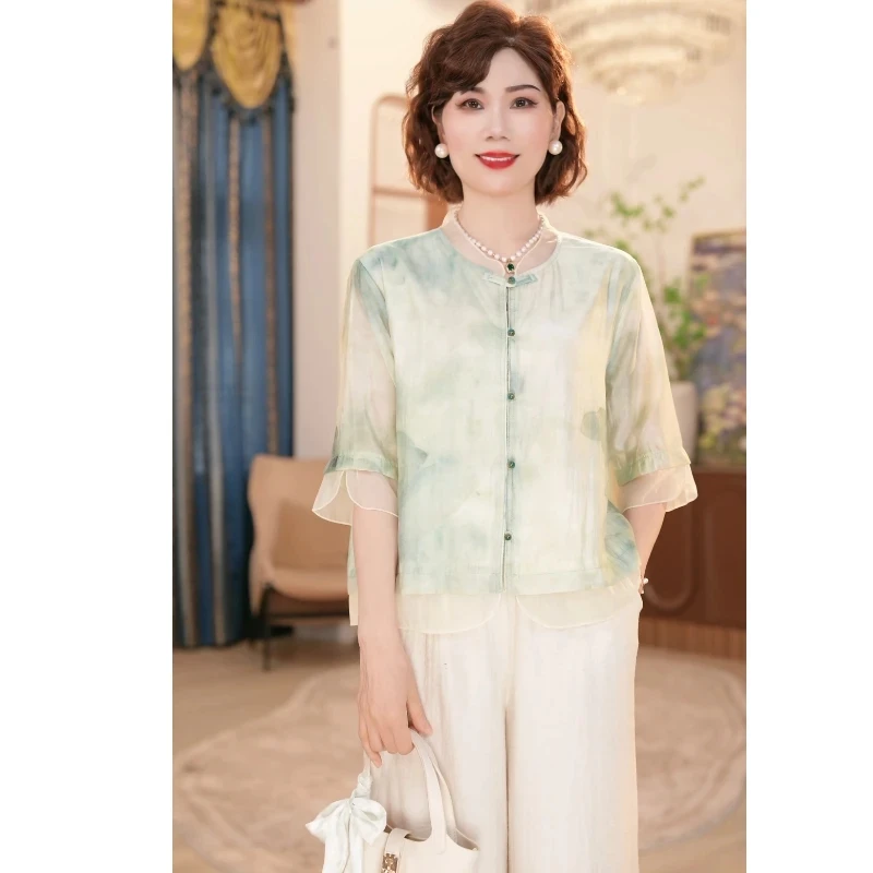【现货】母亲节妈妈装夏装薄款时尚复古国风两件套中老年女装上衣