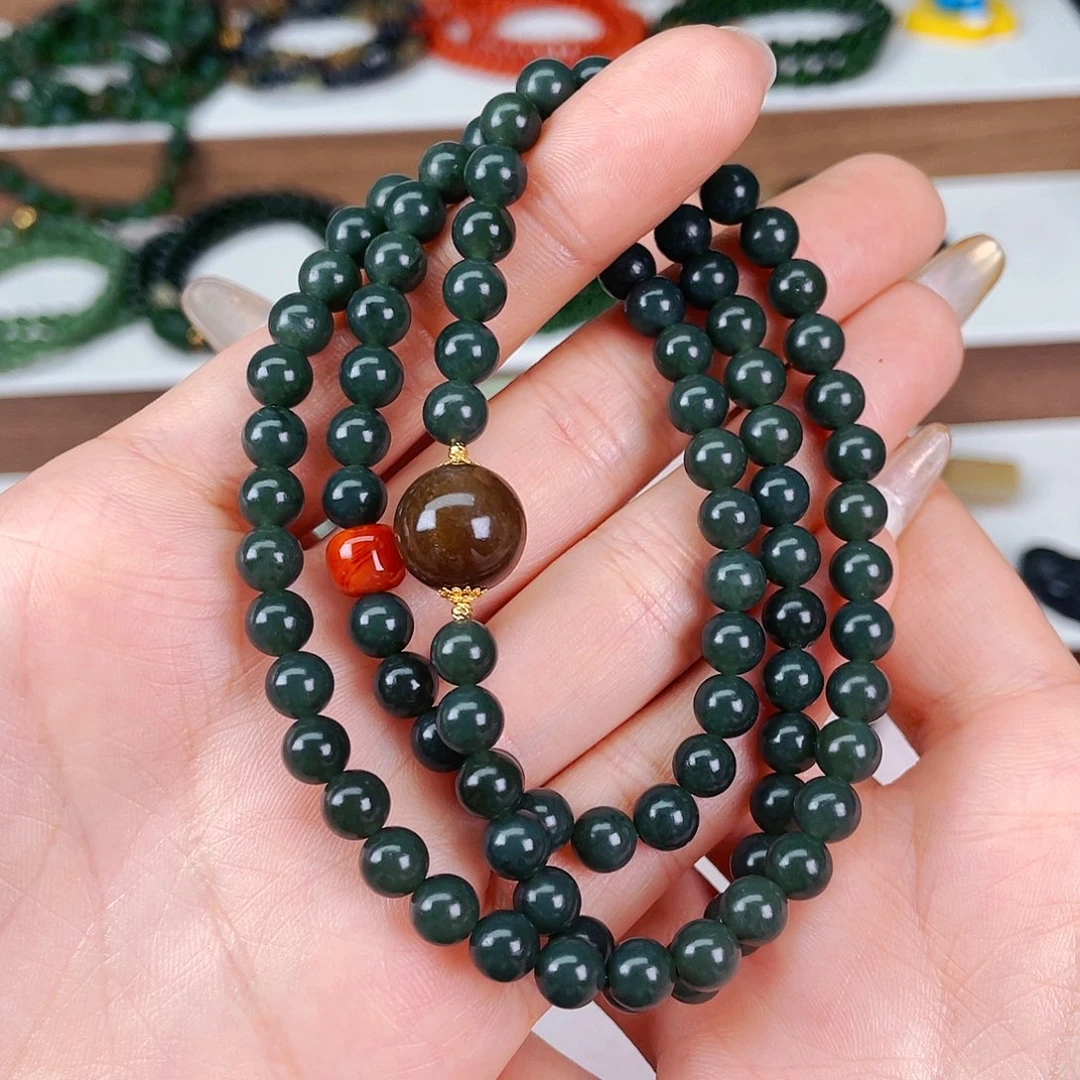 和田玉6mm青玉一细liao设计款三圈未镶嵌