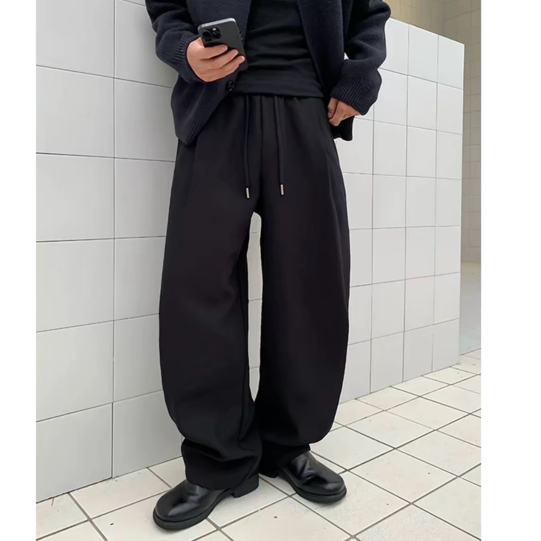 【轻奢老钱风】秋冬男士蚕丝莱赛尔混纺纯色宽松直筒抽绳休闲裤长裤