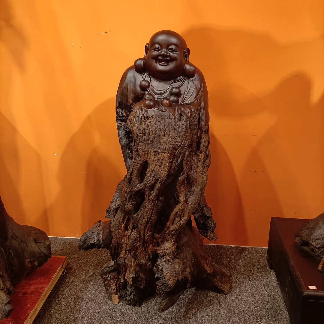 《百福·弥勒》鸡翅木实木手工雕刻摆件 尺寸：72-50-130