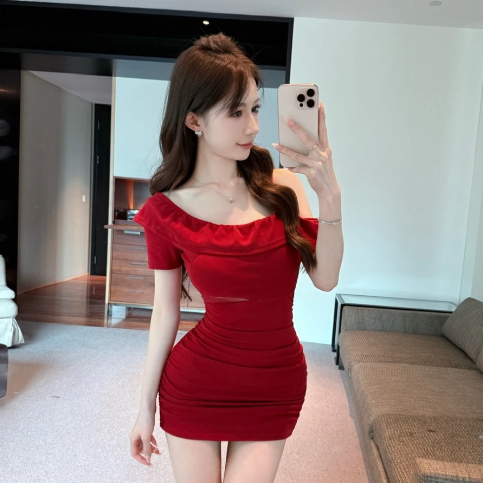 实拍现货控2性感斜领包臀棉质纱网拼接单肩吊带连衣裙复古修身