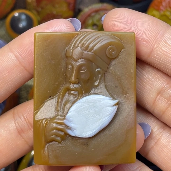 玛瑙/玉髓足银镶嵌珠宝奇石宣化北山平安无事牌诸葛亮