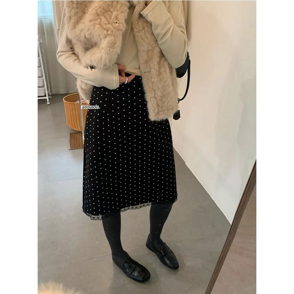 【豆豆】韩系复古蕾丝边高腰波点磨毛半身裙女冬季百搭毛呢中长裙
