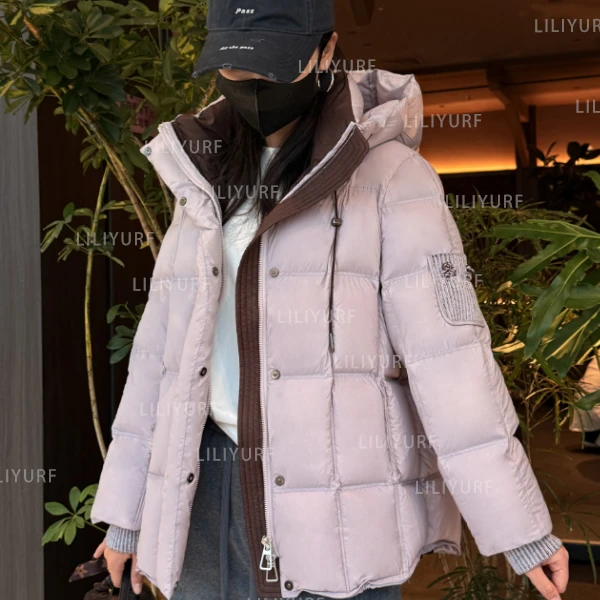 2025新款多色格纹设计加厚保暖针织拼色连帽羽绒服（俊）