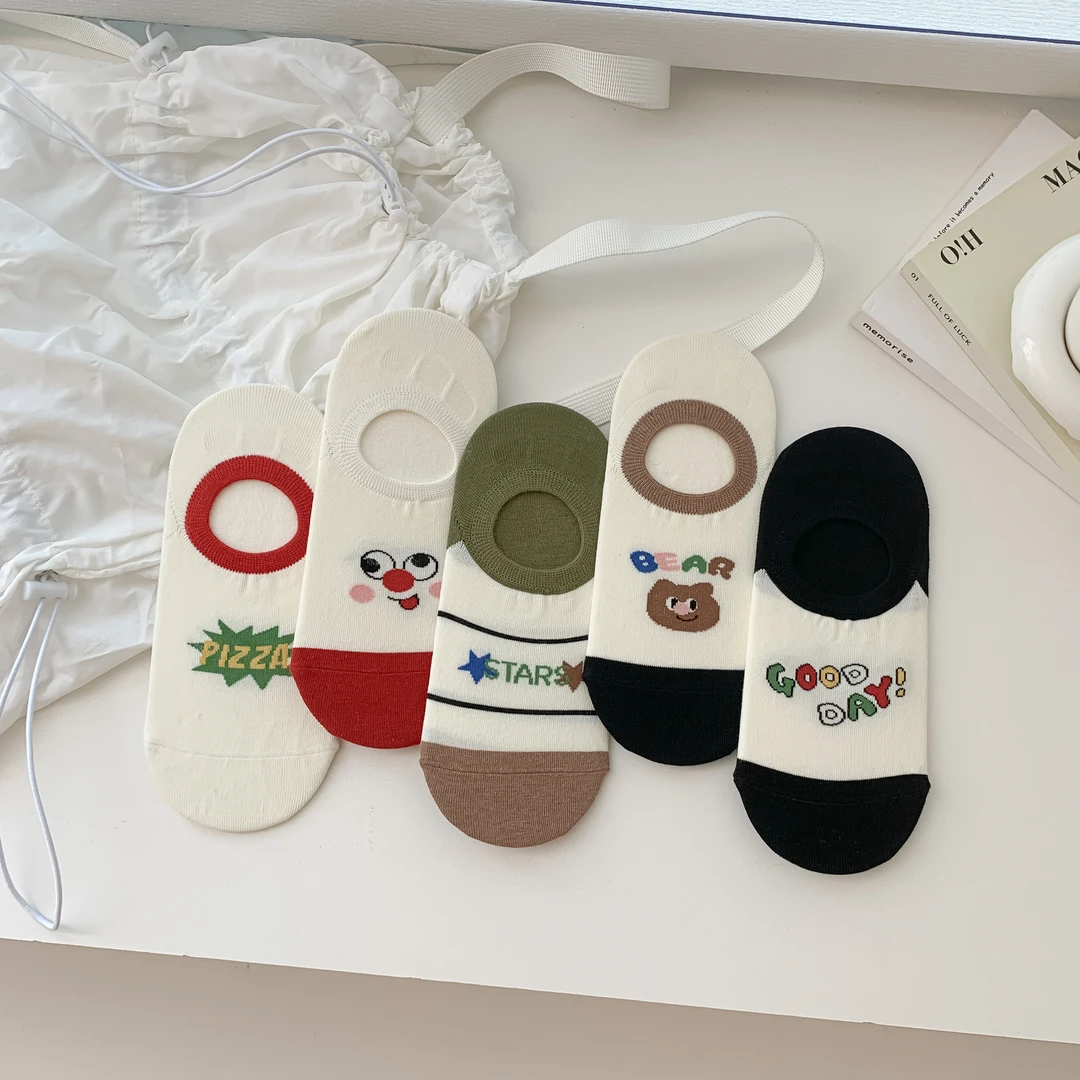 【GoodDay】夏季涂鸦设计可爱韩系卡通船袜女袜5双装