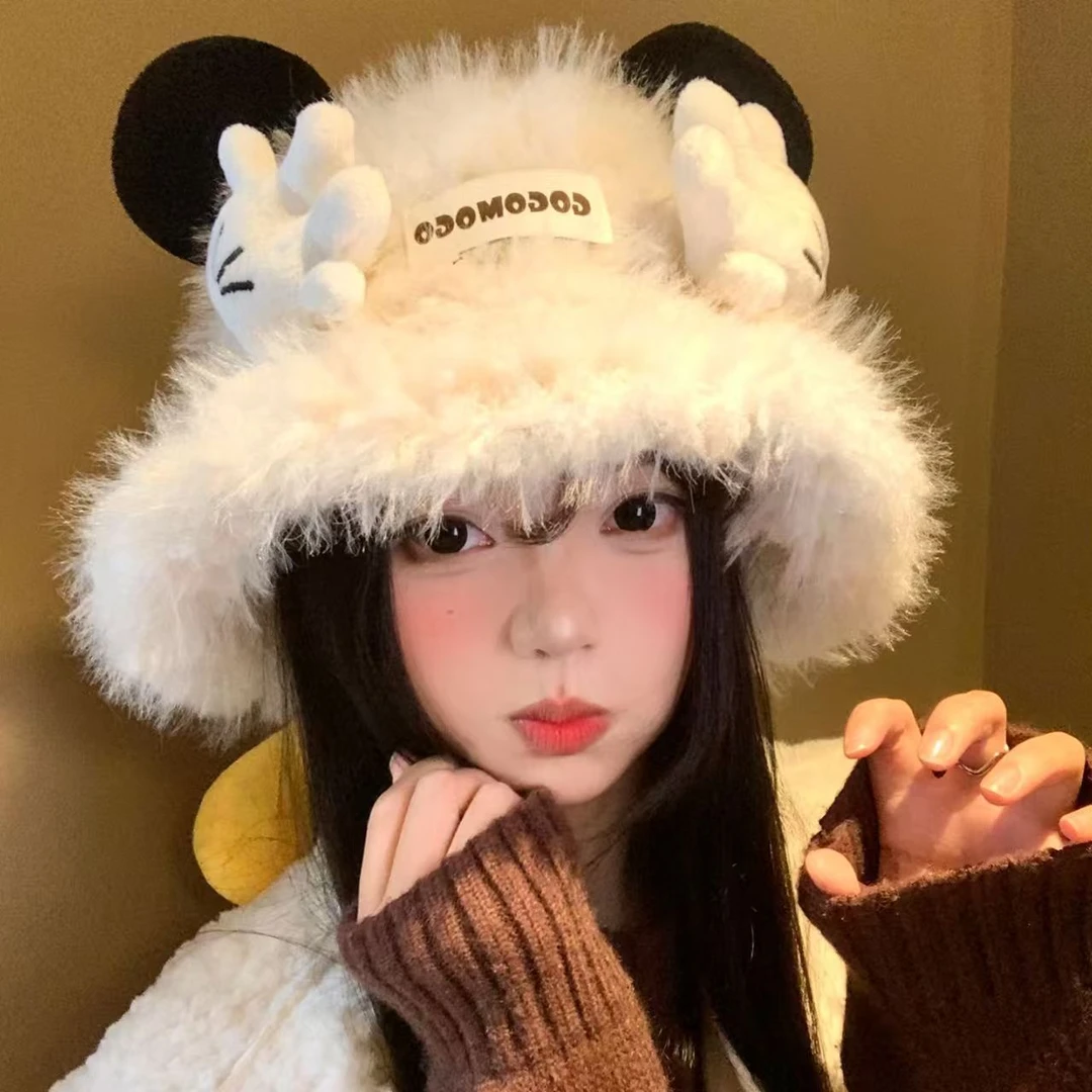 帽子女可爱卡通米奇屁屁手掌毛绒渔夫帽秋冬季百搭显脸小保暖盆帽