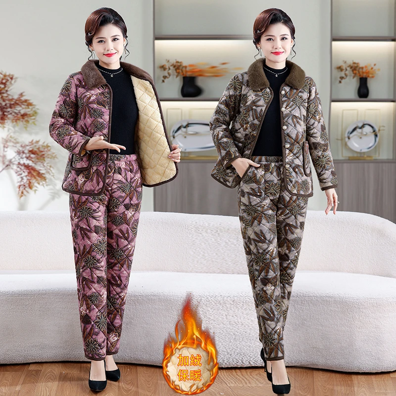 中老年新款女装妈妈装翻领印花棉衣棉裤两件套加绒保暖洋气套装
