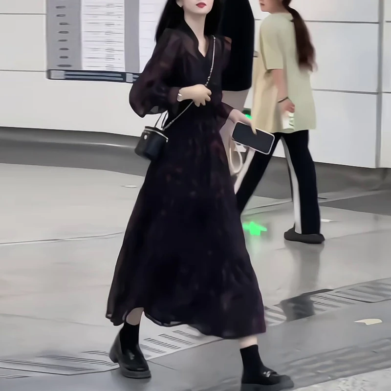 大码胖mm遮肉肉高级感秋季美丽碎花长袖长裙灯笼袖显瘦轻熟连衣裙