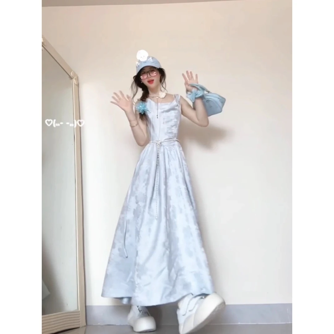 波可曼之旅法式复古收腰显瘦荡领提花吊带连衣裙