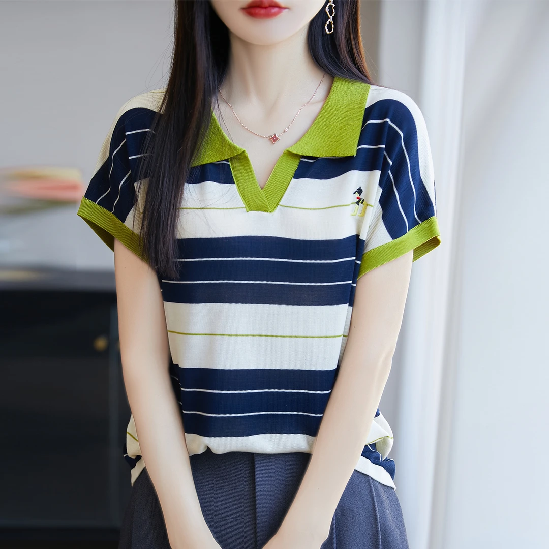 大码夏季桑蚕丝撞色条纹V领刺绣短袖冰丝针织t桖女装时尚百搭上衣