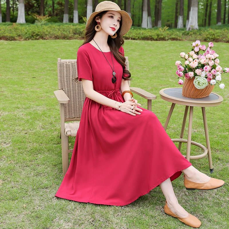 夏季妈妈棉绸红色本命年连衣裙中老年女遮肚大码显瘦人造棉连衣裙