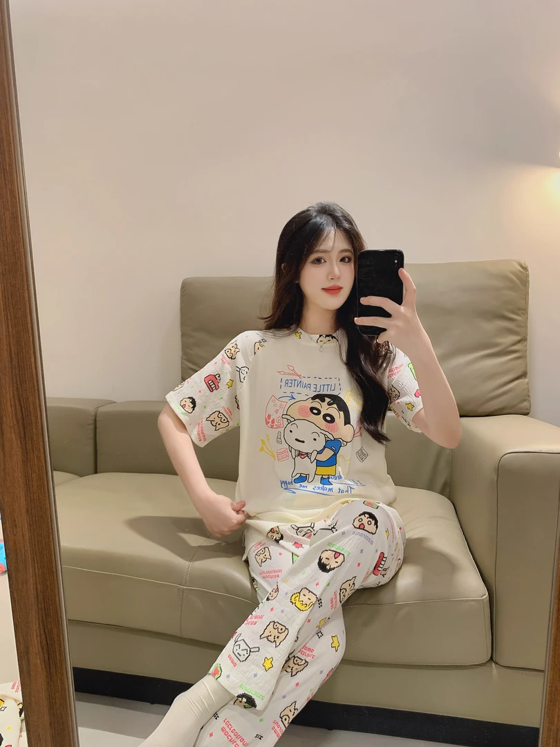 夏季睡衣女款云朵棉短袖短裤学生卡通长裤甜美可外穿家居服三件套
