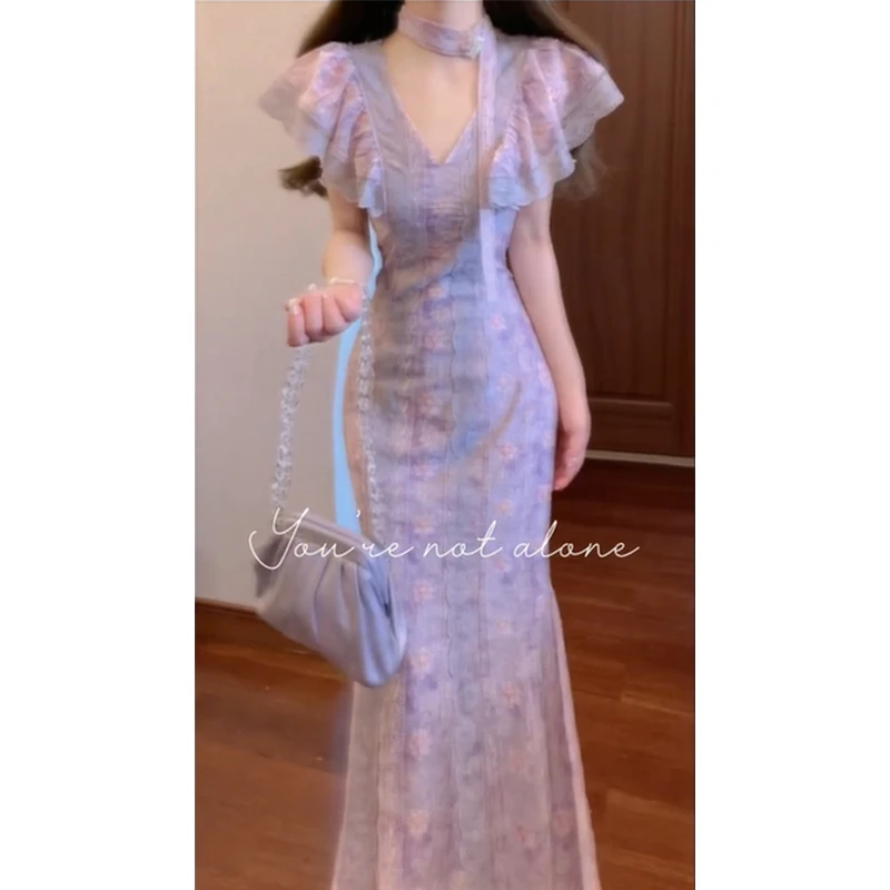 【古董蔷薇】2025夏季新款新中式风信紫花边装饰鱼尾连衣裙名媛长裙
