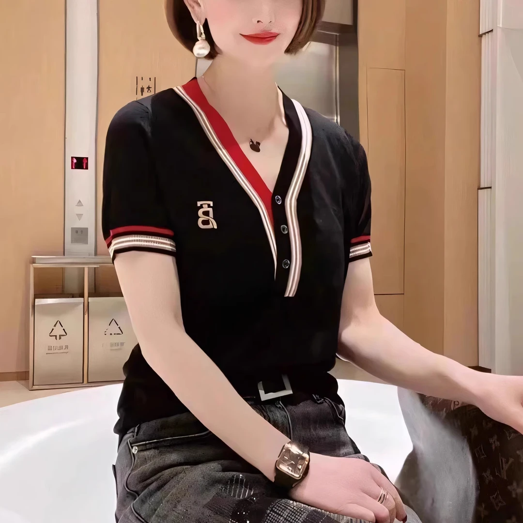夏季新款修身显瘦T恤气质百搭V领短袖百搭老钱风女装女装针织时髦