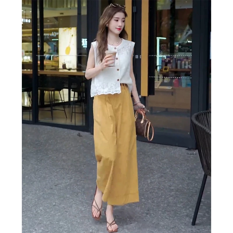 夏季洋气穿搭一整套女2025新款时尚蕾丝提花无袖上衣阔腿裤两件套