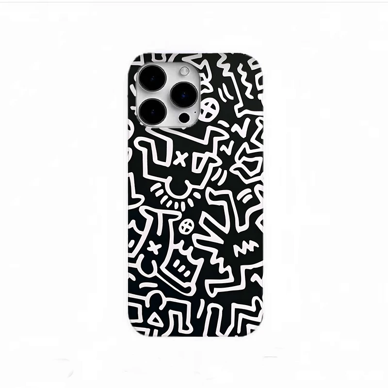 黑白涂鸦适用苹果16手机壳15promax小众14/13ins12艺术11p潮牌16e