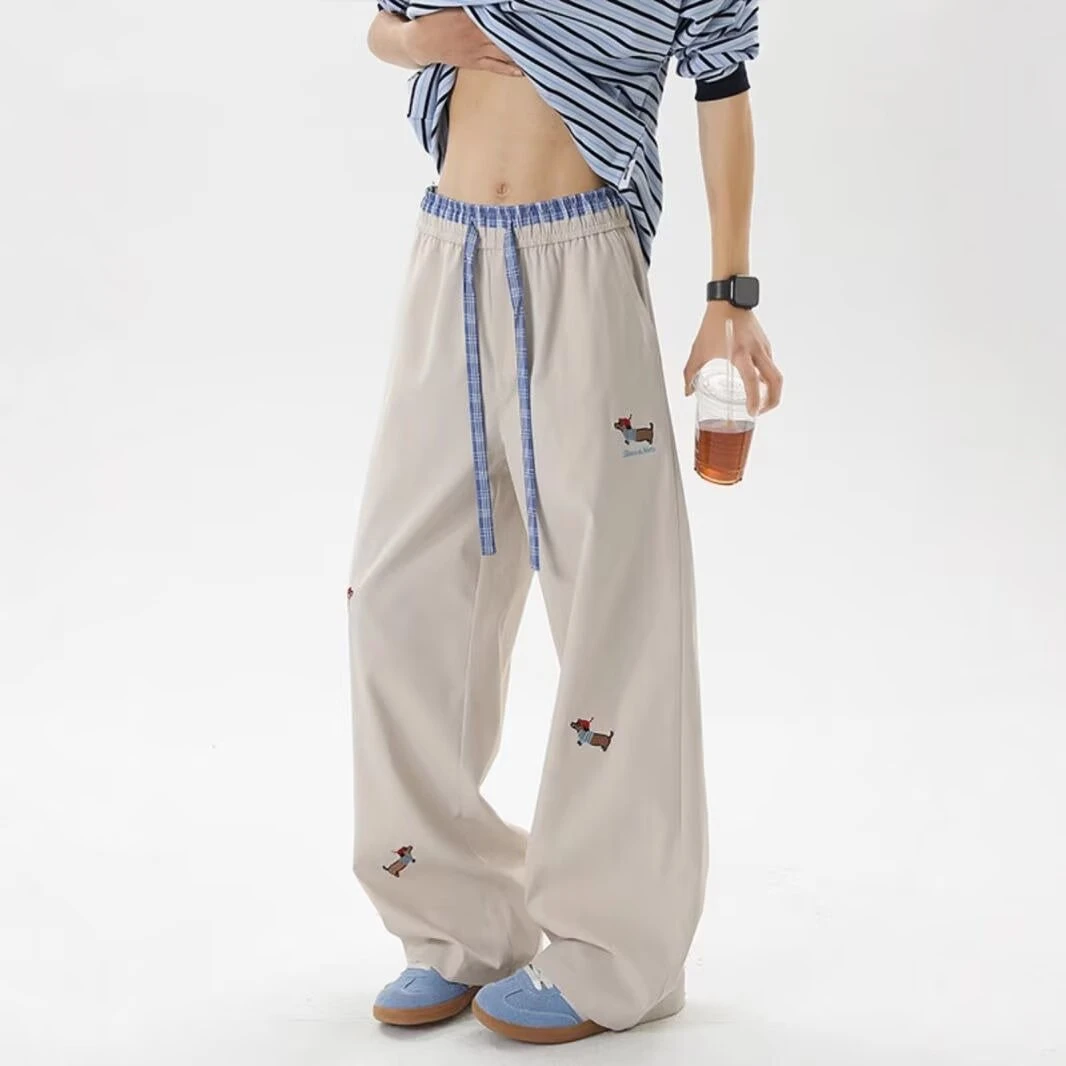 腊肠狗格子拼接休闲裤男女新款夏季潮牌直筒宽松垂感阔腿运动裤子