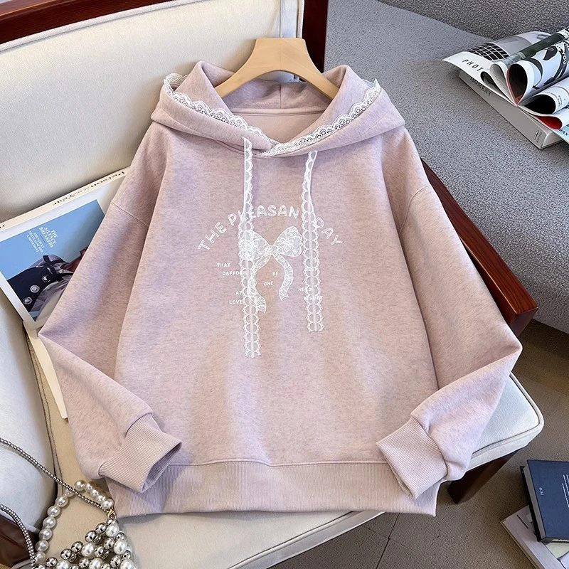 中大童新款春秋卫衣女童洋气甜酷上衣学生版连帽花边蝴蝶结衣服