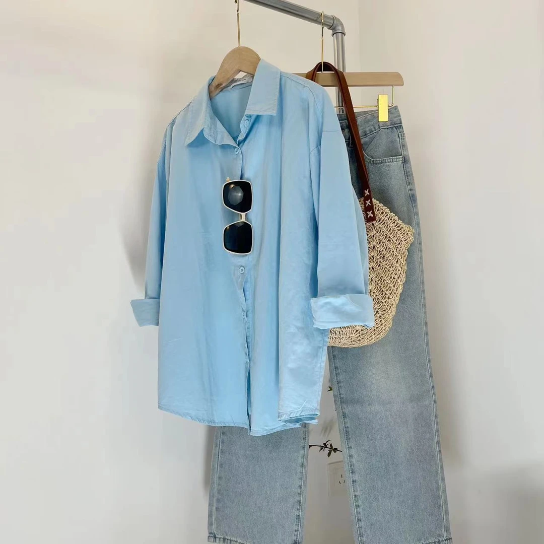 2025秋季新款纯棉多色衬衫时尚防晒休闲纯色长袖宽松百搭上衣