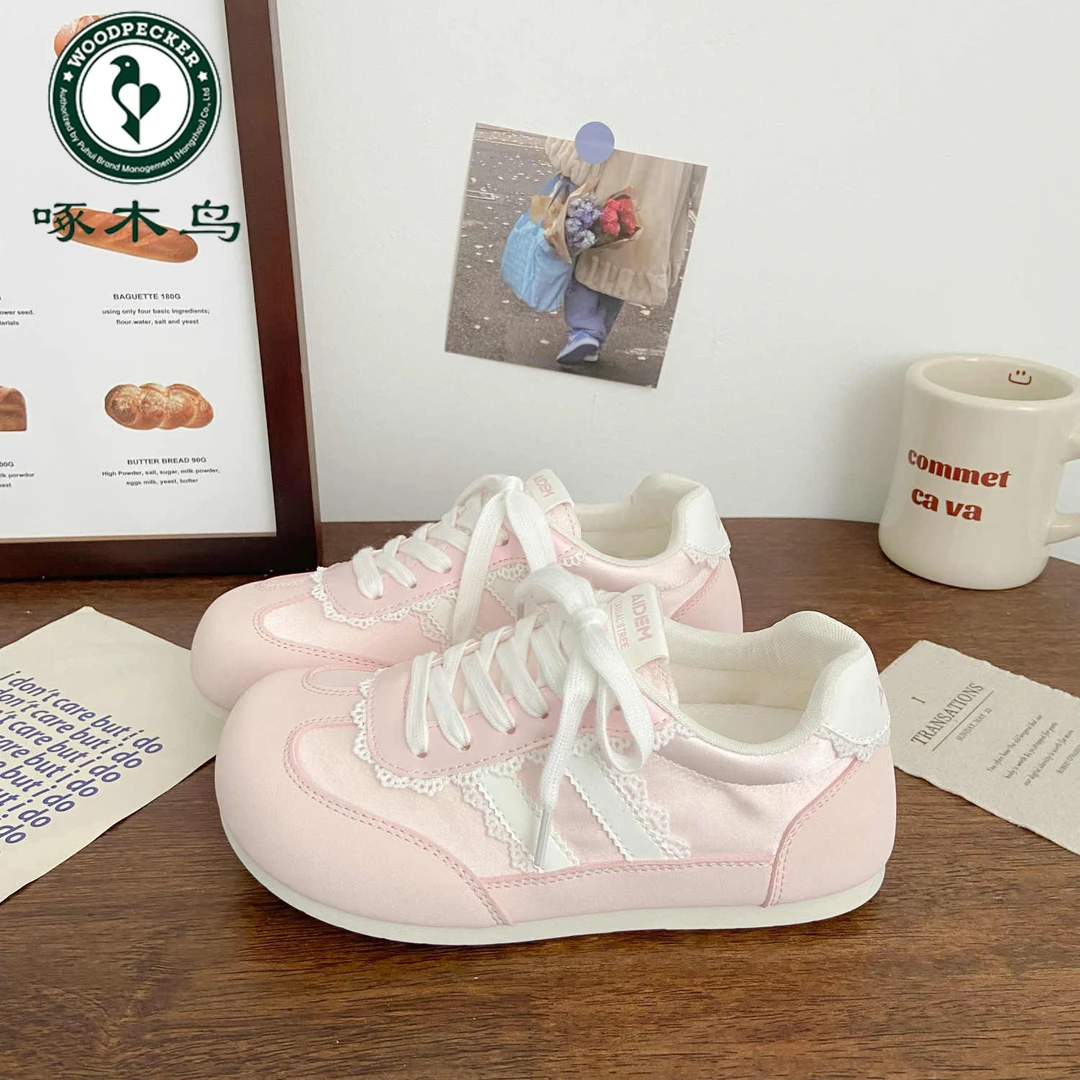 啄木鸟粉色泡芙德训板鞋女丑萌2025夏季新款chic芭蕾帆布小白鞋