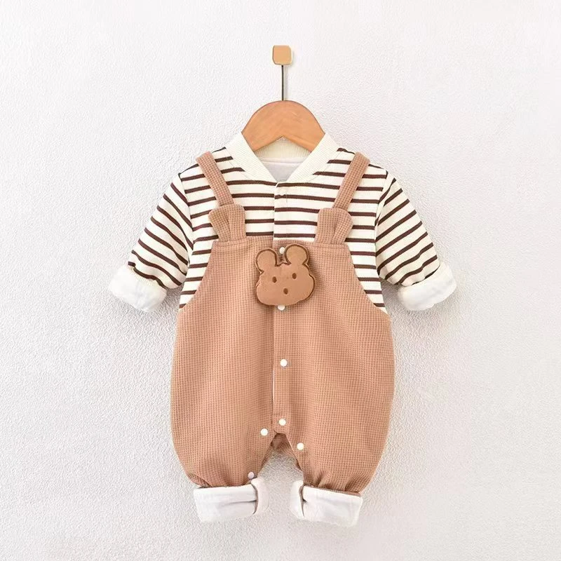 婴幼儿双层连体春季可爱卡通长袖假背带宝宝爬服哈衣春款假两件
