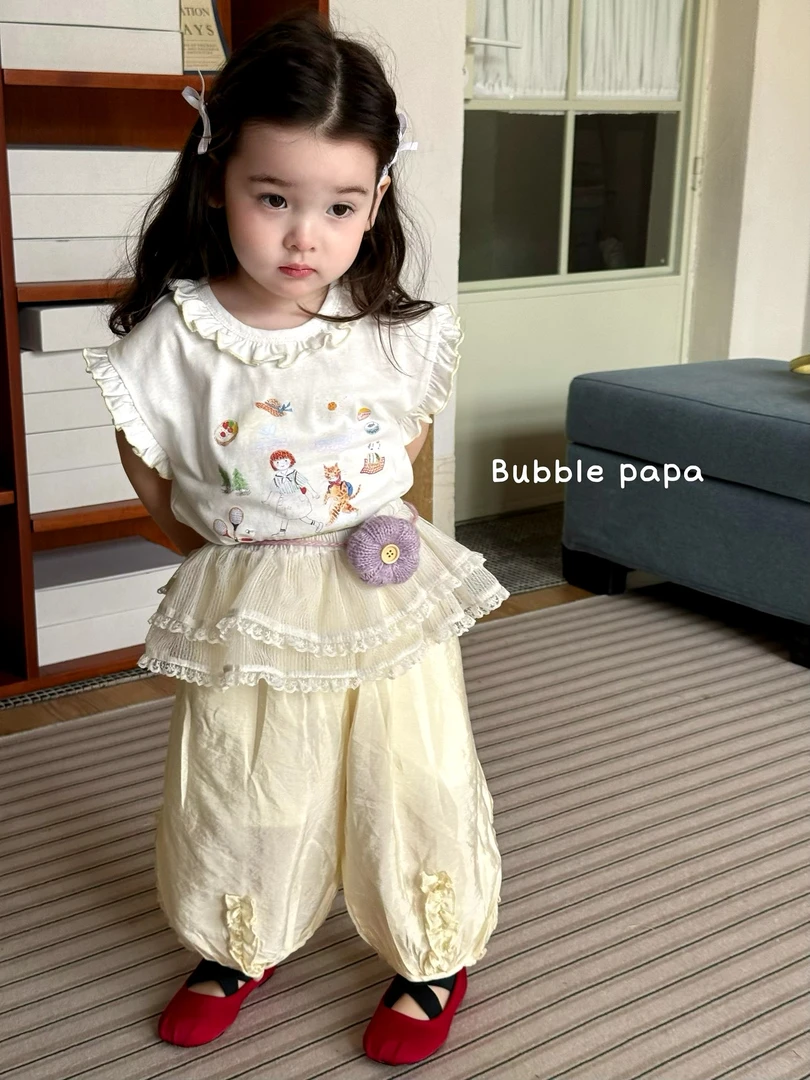 【Bubble papa】2025春新款女童韩版卡通花边上衣黄色花边灯笼裤