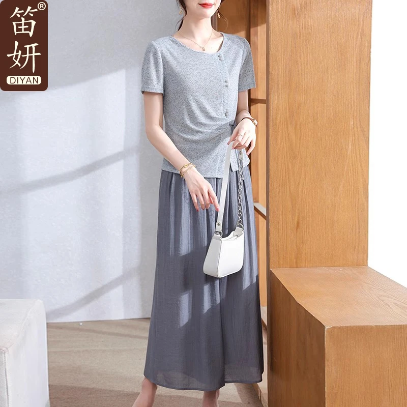 现货妈妈夏装端庄大气套装2025新款中老年女装短袖小衫阔腿裤裙子