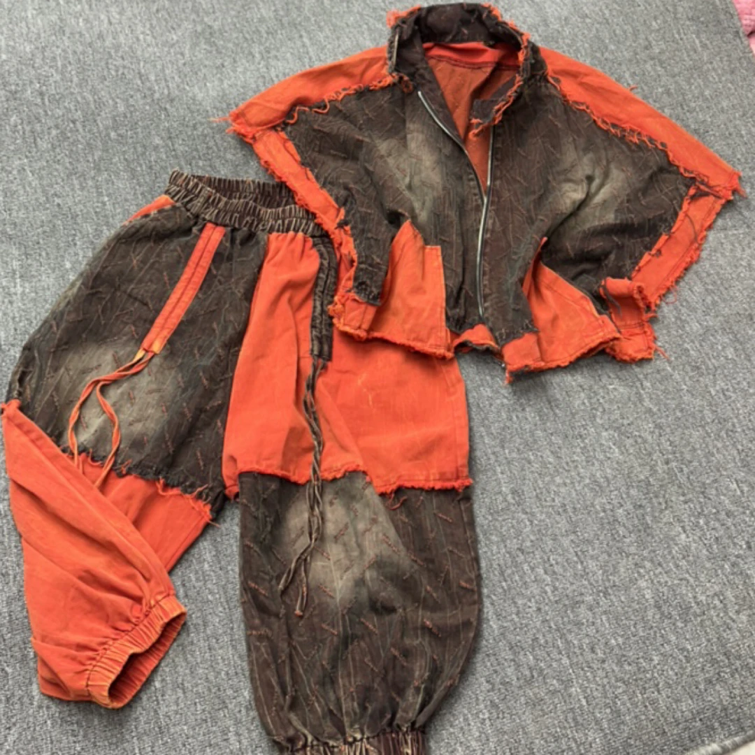 潮潮色做旧彩色拼接破洞牛仔牛仔套装