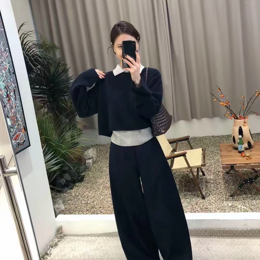 MM-秋冬慵懒感撞色减龄POLO领2025短款长袖背心两件套毛衣