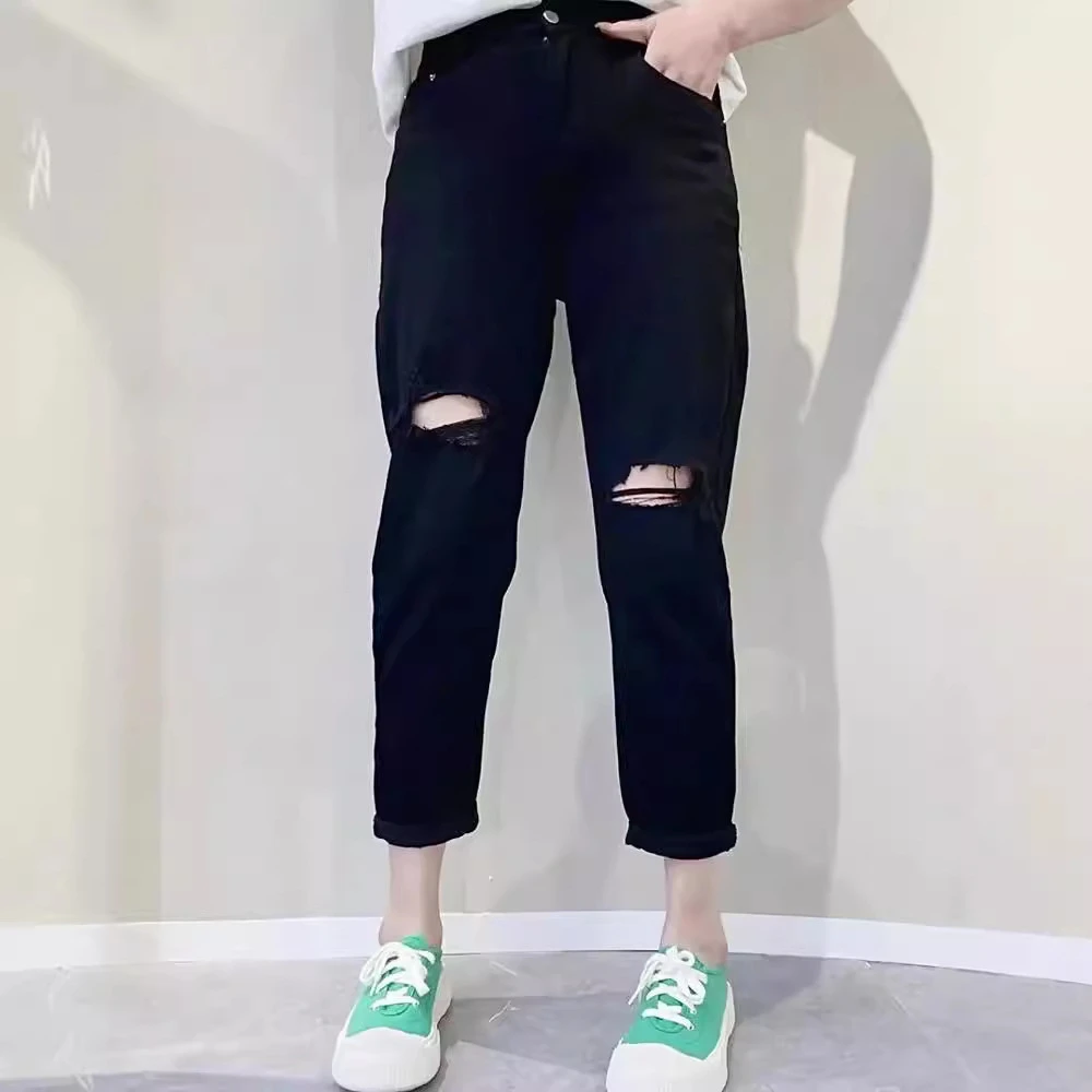 梨形身材破洞牛仔裤女秋季薄款大码胖mm高腰弹力显瘦八九分直筒裤