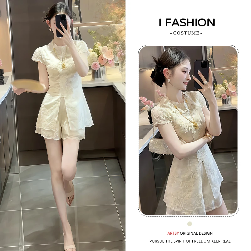 新中式百搭时尚套装女2025年夏季新款蕾丝圆领短袖上衣短裤两件套