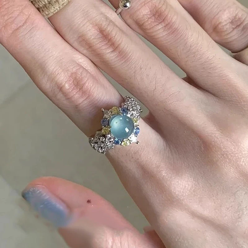 铜合金锆石戒指 叠戴海洋蓝宝色钻戒银戒指开口双球指环复古时尚
