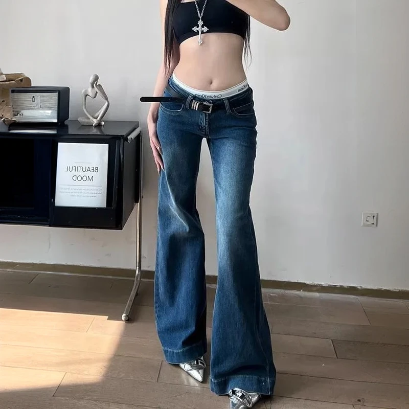 小个子美式高街复古低腰微喇叭牛仔裤女秋季辣妹性感显瘦直筒长裤