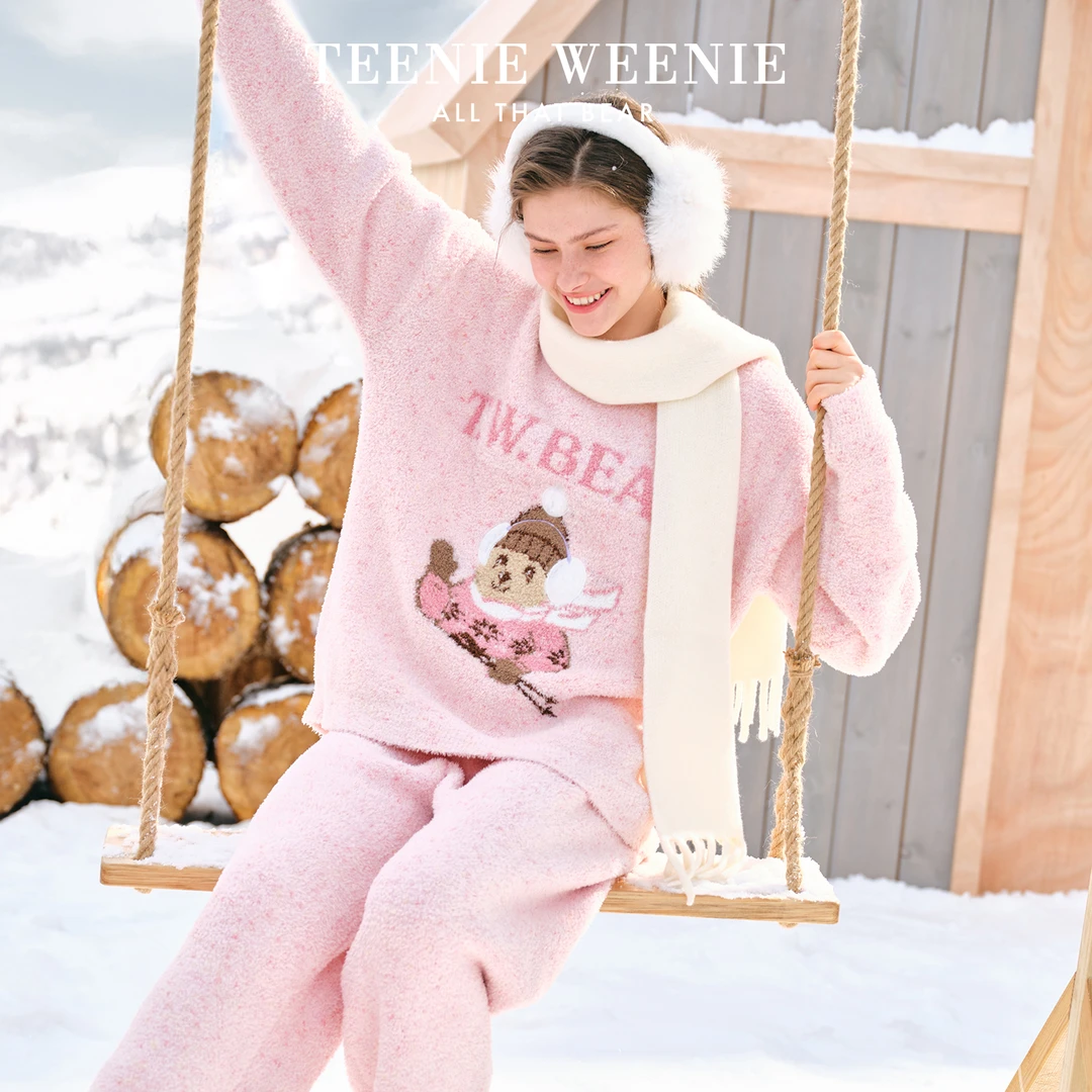 Teenie Weenie秋冬可外穿保暖加绒家居服修身舒适半边绒睡衣套装