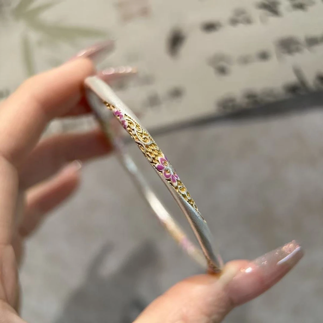 足银手镯 描金扭转繁花闭口手镯国风54-62#彩色时尚百搭