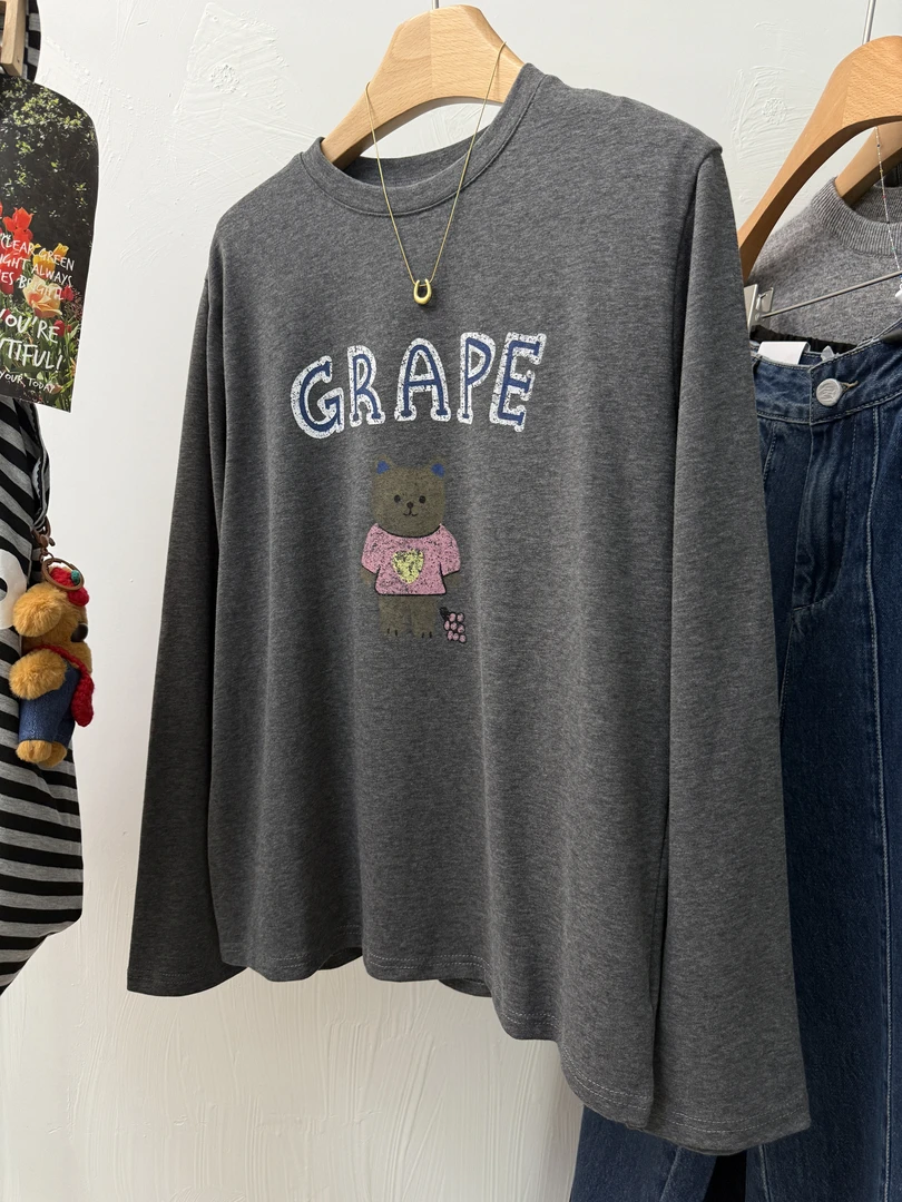 长袖宽松印花T恤潮流韩版百搭春秋秋季长袖打底T恤女装新款上衣