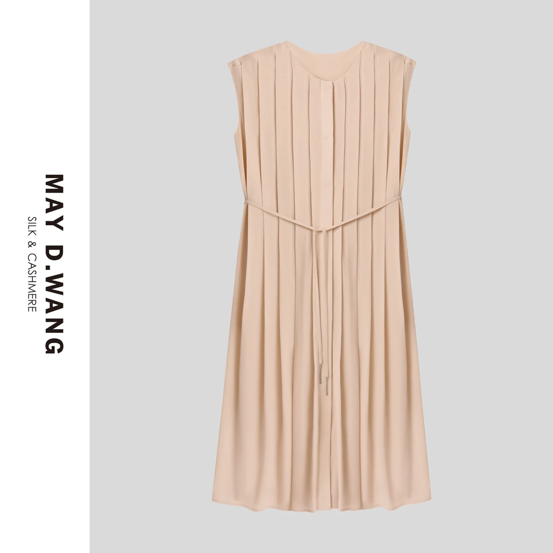 王之造2025夏季极简风休闲重工竖褶无袖桑蚕丝鬼绉连衣裙 F2F3007