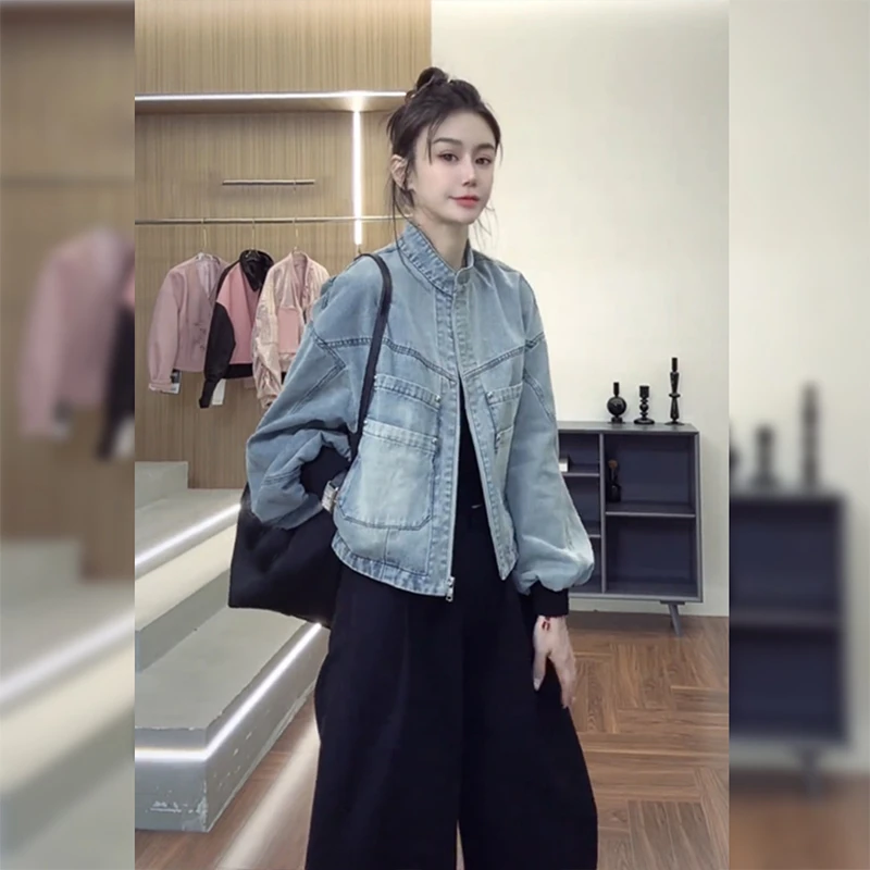 美式复古高级水洗做旧立领牛仔外套女春秋2025新款小个子百搭夹克