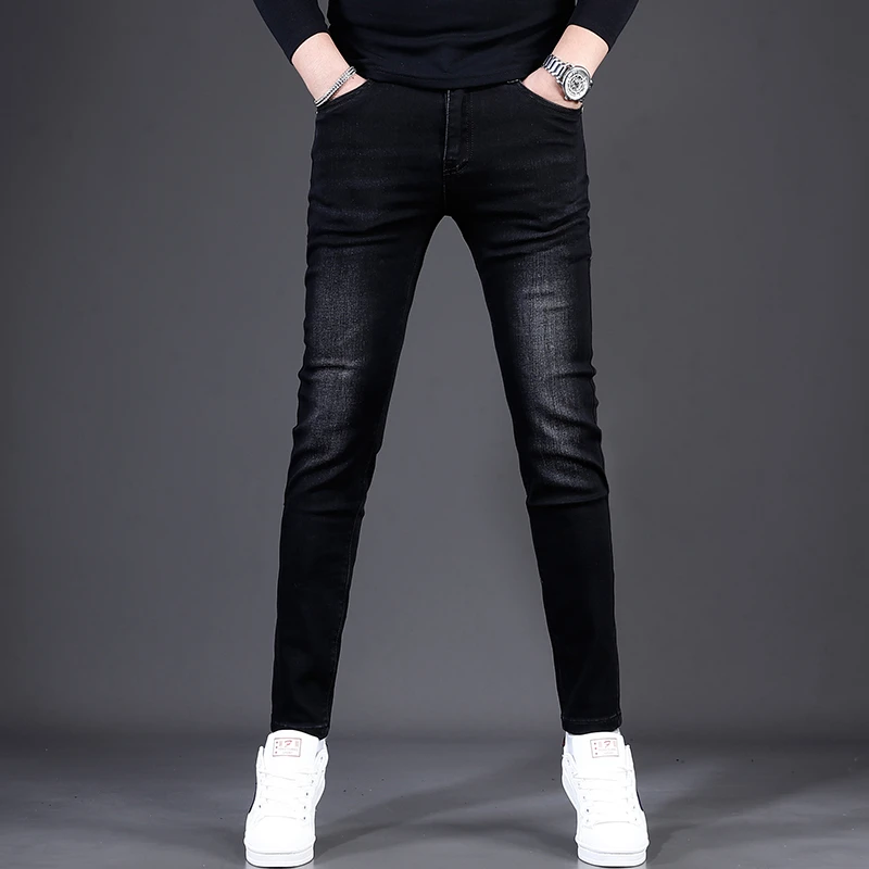 希敦纽勒黑色牛仔裤男款夏季薄款修身小脚裤弹力百搭休闲男士裤子