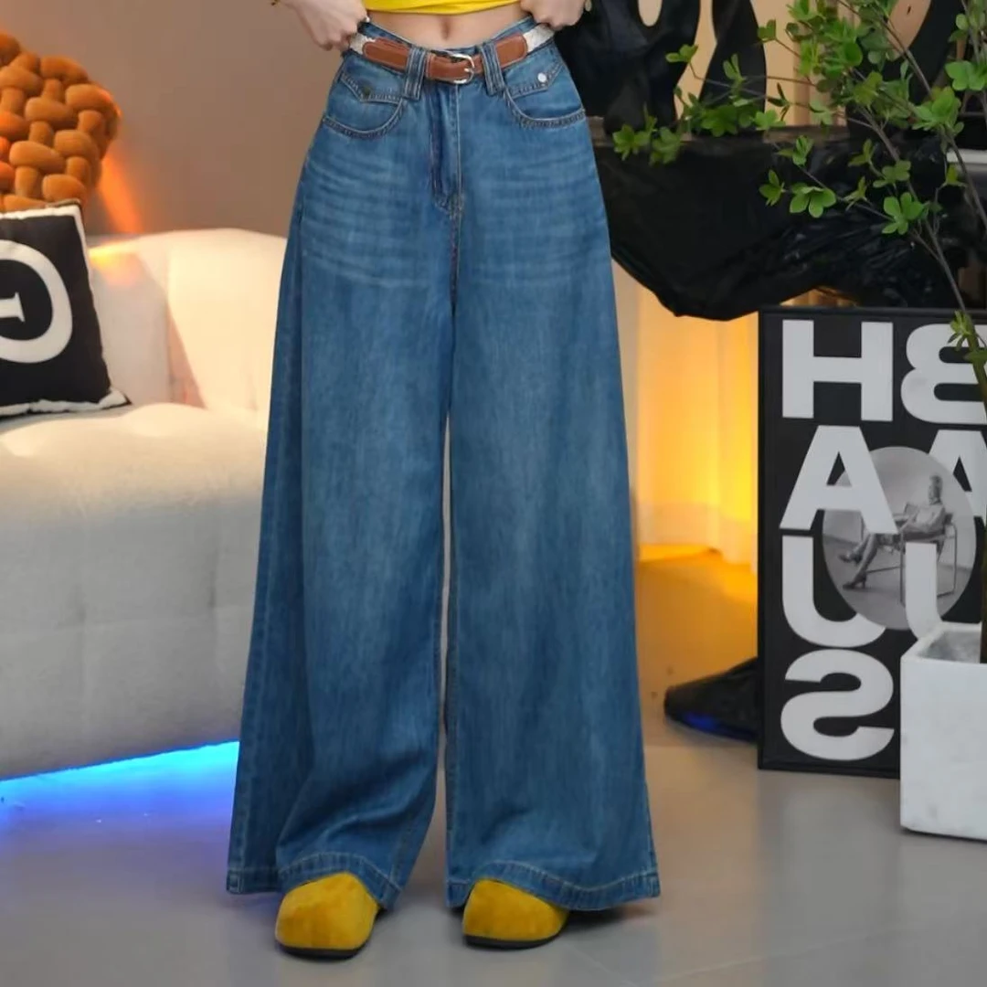 笑歌-复古蓝水洗猫须宽松遮肉百搭阔腿牛仔裤