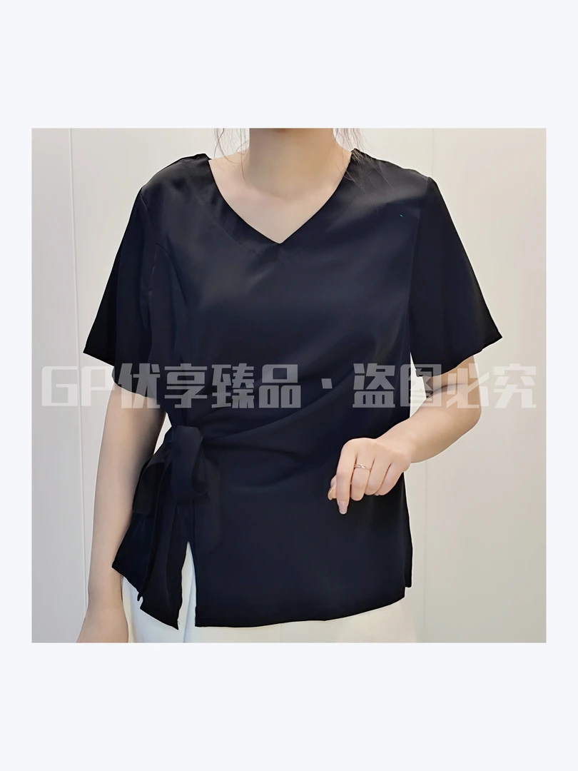2025夏季新款女装设计感飘带短袖女休闲百搭不对称设计气质时尚