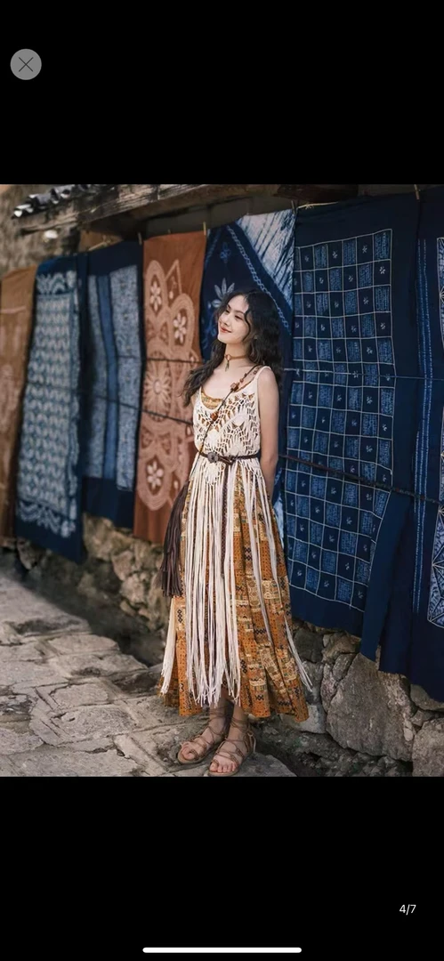 卡洛儿女装波西米亚风镂空流苏吊带罩衫无袖背心中长款上衣W0063#